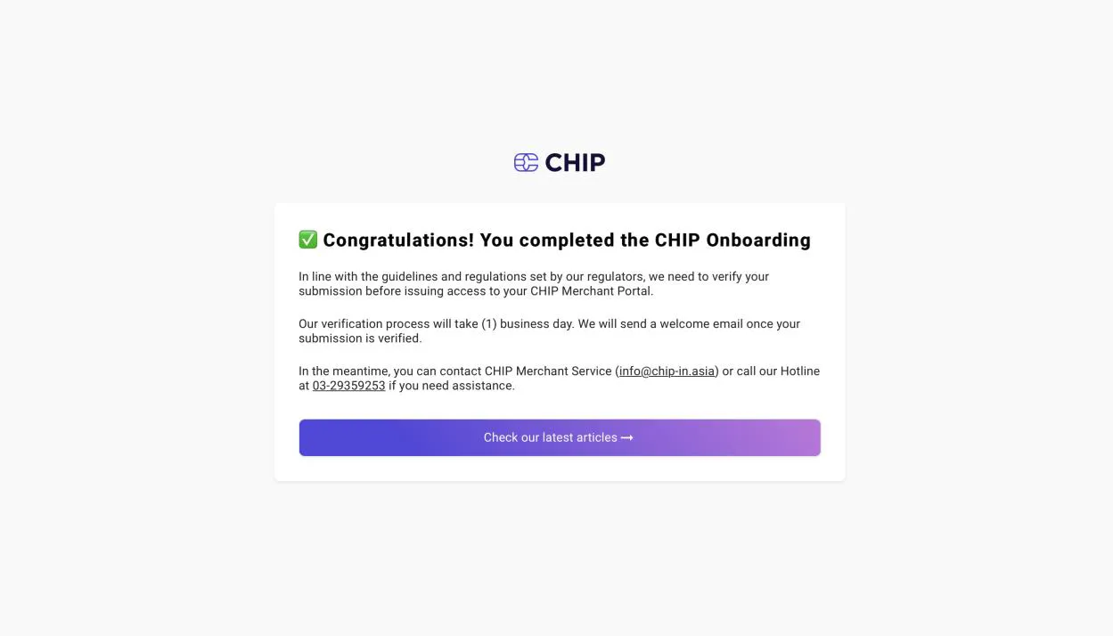 Notifikasi pengesahan akhir proses onboarding merchant baharu