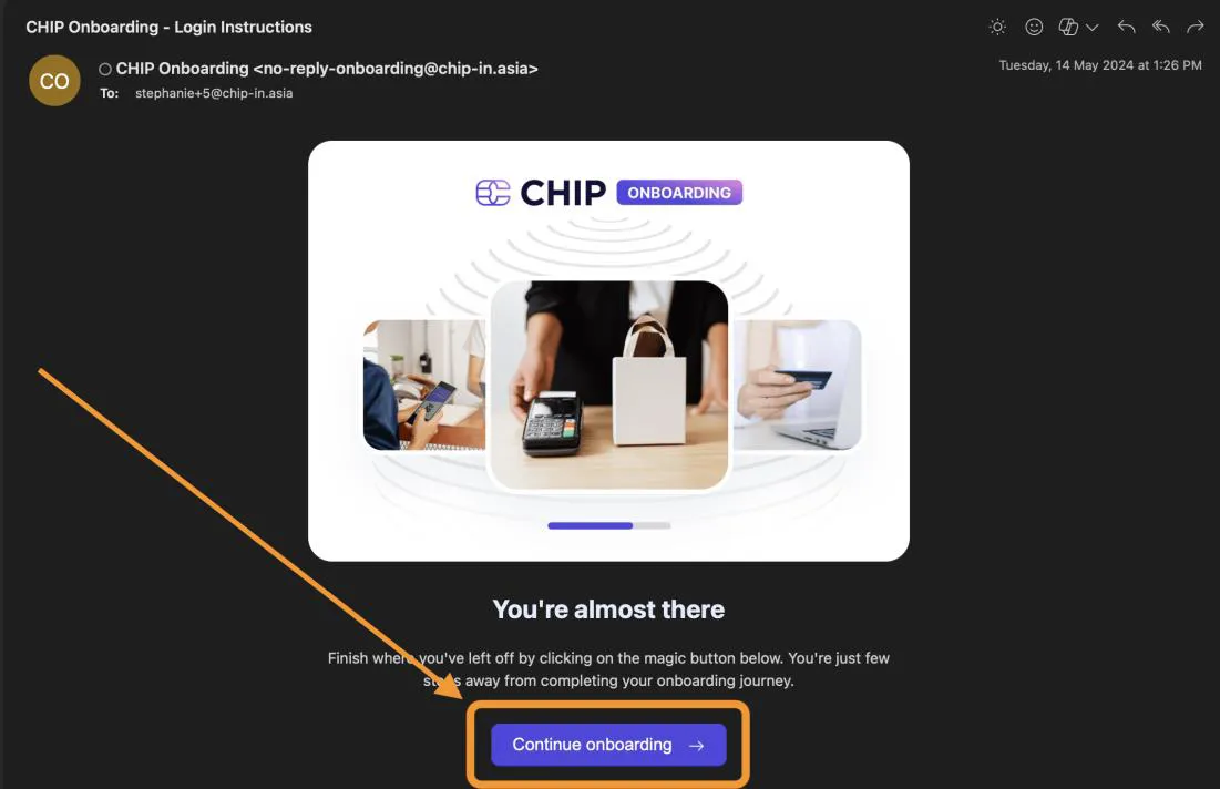 E-mel onboarding rasmi daripada sistem CHIP untuk pengesahan akses